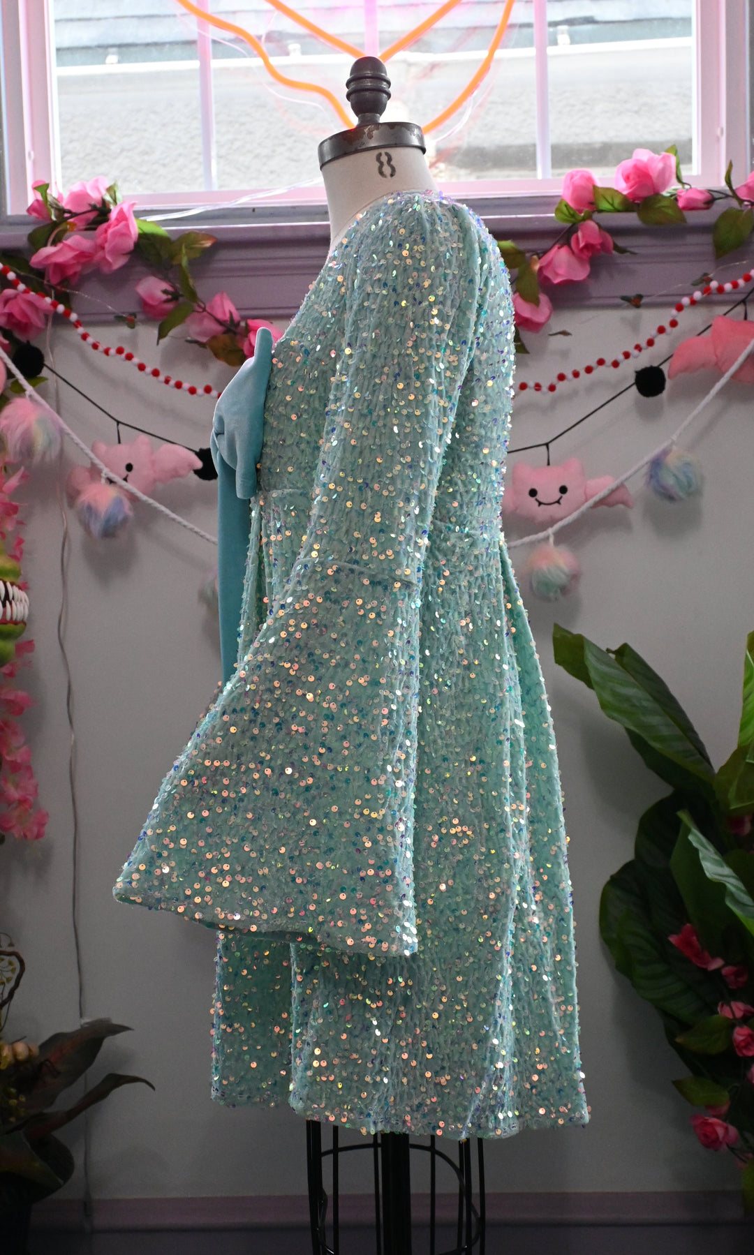 Priscilla 60's Bell Sleeve Sequin Velvet Mini Dress in Seafoam