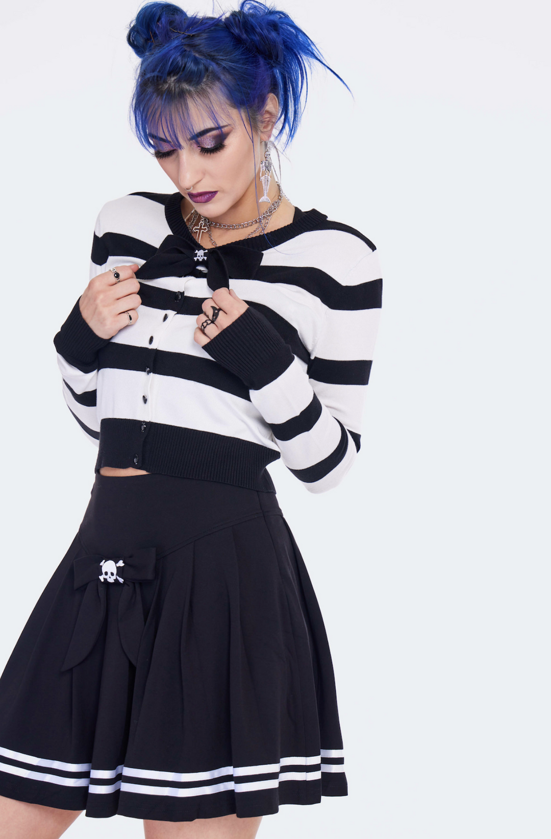 Spooky Sailor Babe Striped Cardigan With Skull Bow