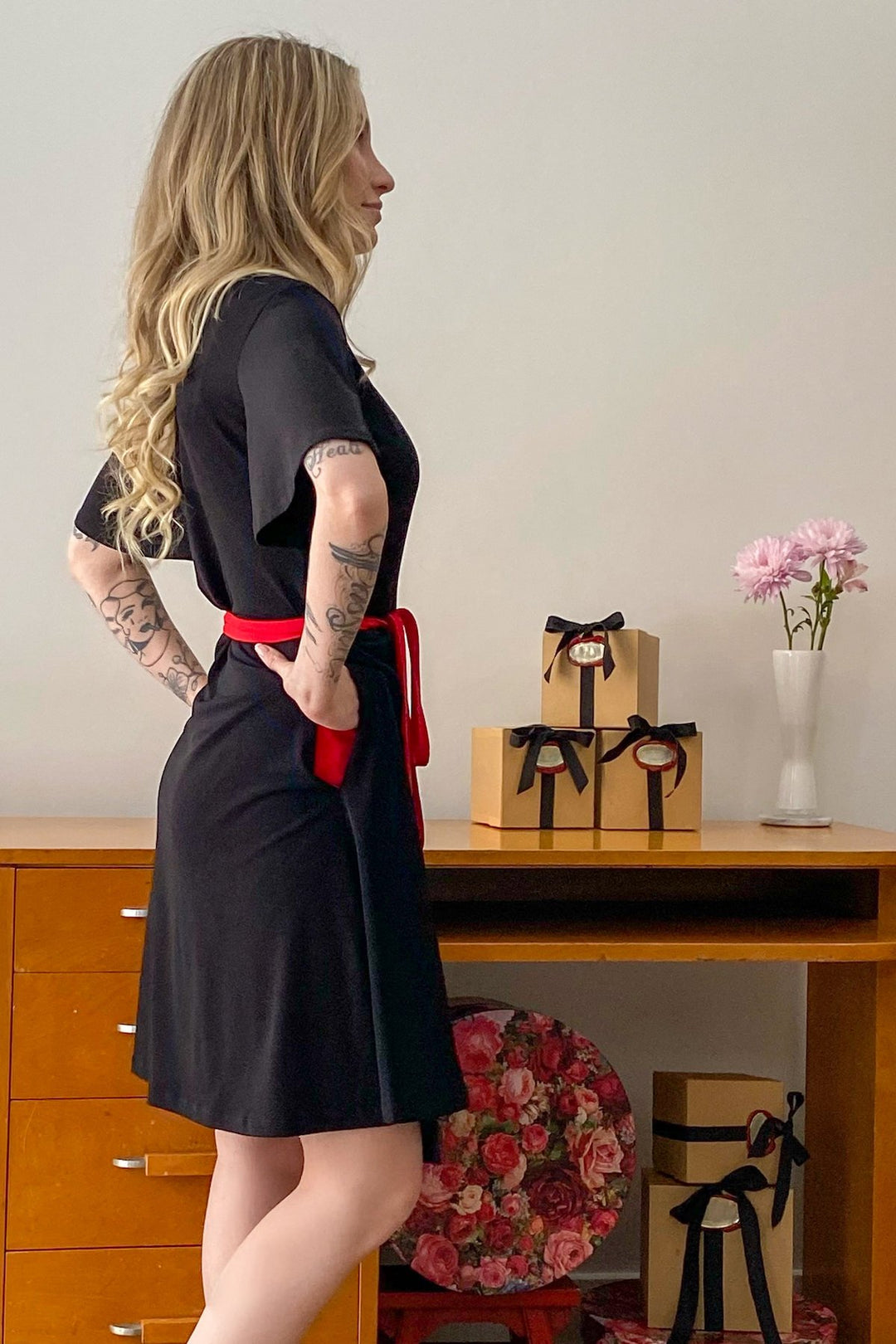 All Wrapped Up Black and Red Wrap Dress with Flutter Sleeves