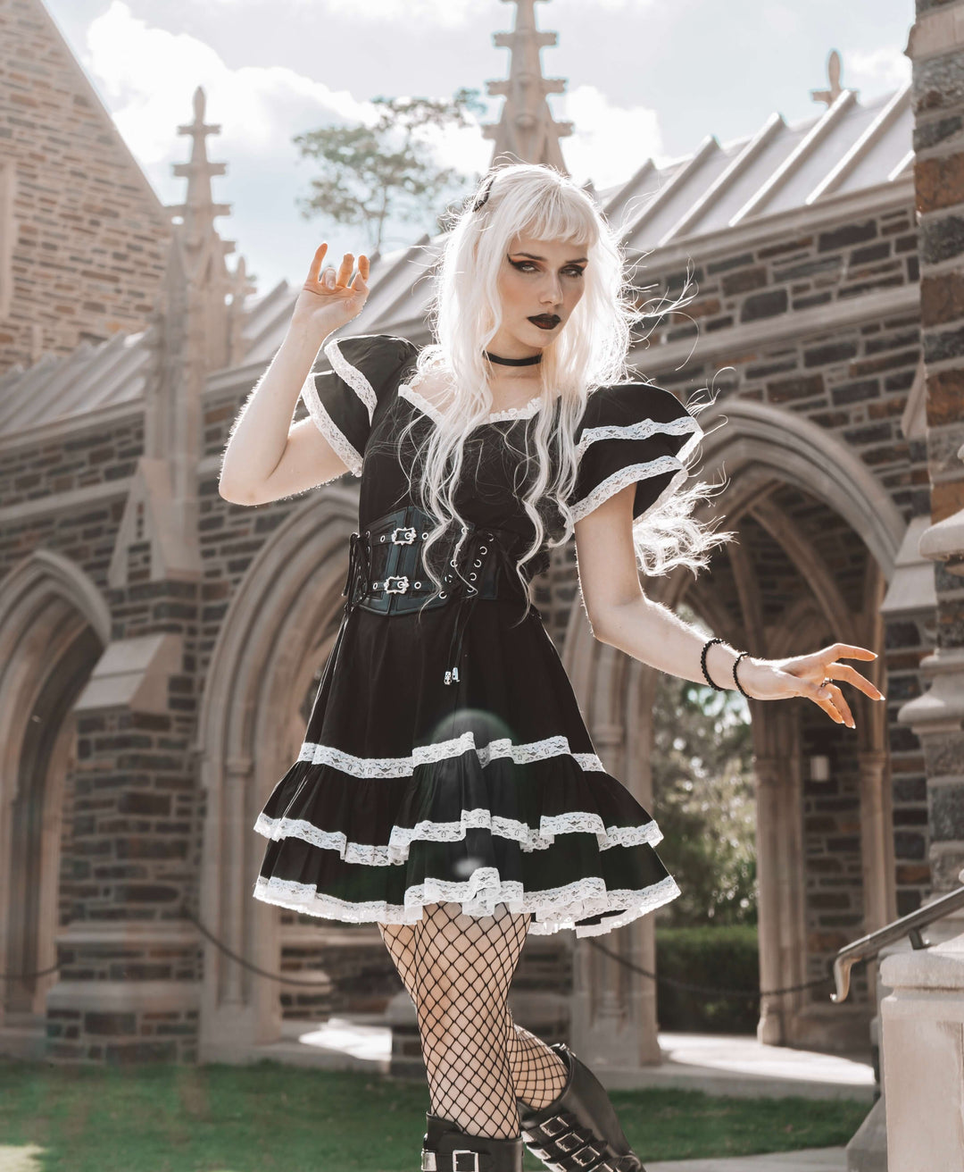 Adelaide Mini Swing dress in Black w/White Lace
