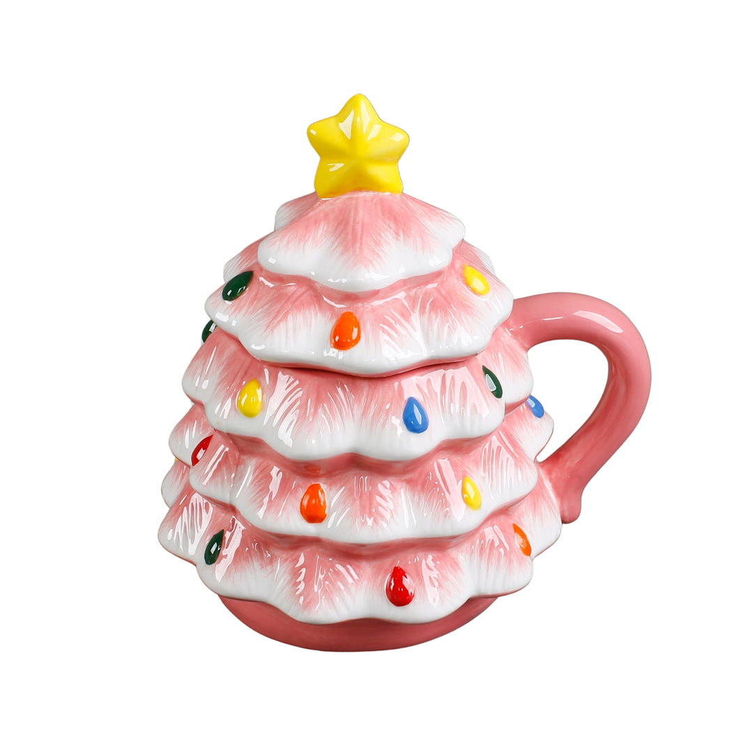 Pink Ceramic Christmas Tree Mug With Lid