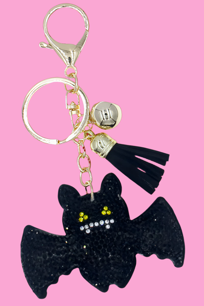 Black Bat Puff Keychain with Rhinestones