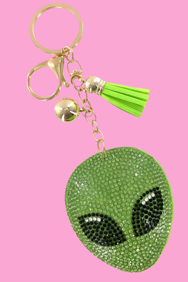 Green Alien Head Puff Keychain with Rhinestones