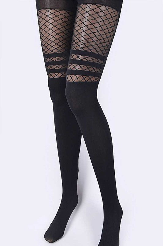 Stripe and Fishnet Thigh High Illusion Fashion Tights