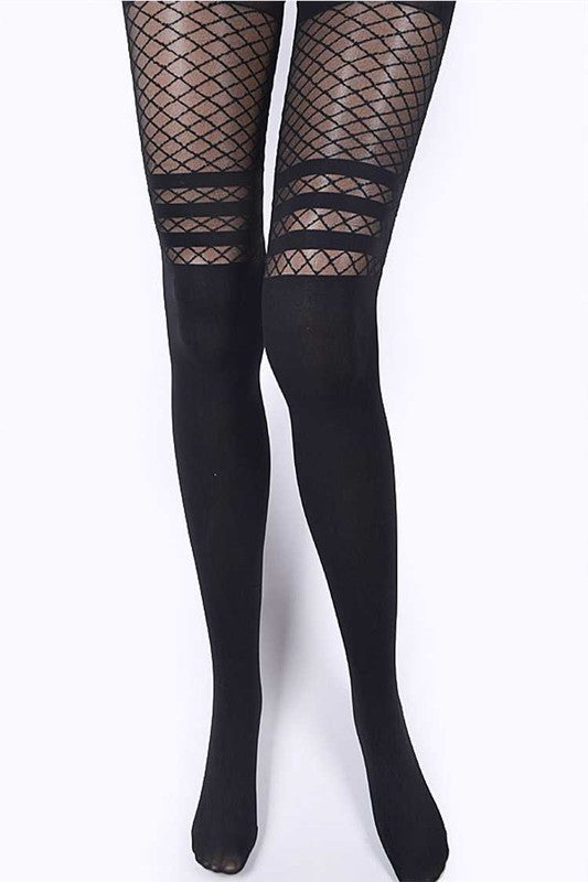 Stripe and Fishnet Thigh High Illusion Fashion Tights