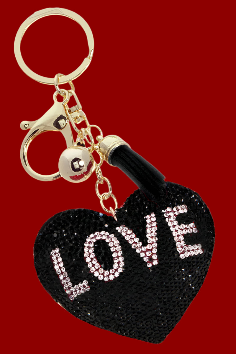 Black Heart Puff Keychain with Rhinestones