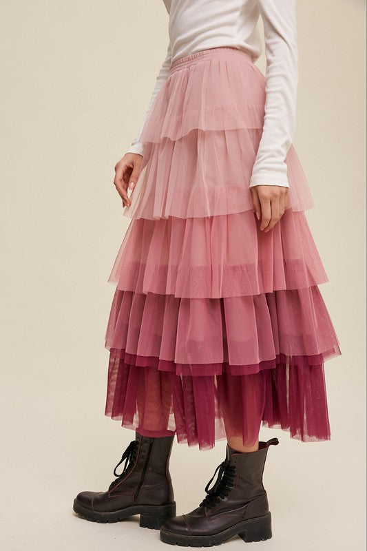 Pink Holiday Tiered Mesh Maxi Skirt
