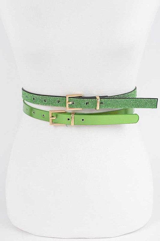 Rhinestone Metallic 2 In 1 Skinny Belt Set