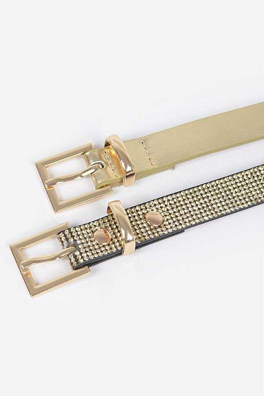 Rhinestone Metallic 2 In 1 Skinny Belt Set