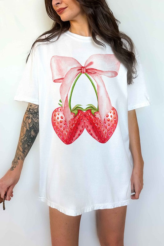 Sweet as  a Strawberry Bow print oversized T Shirt