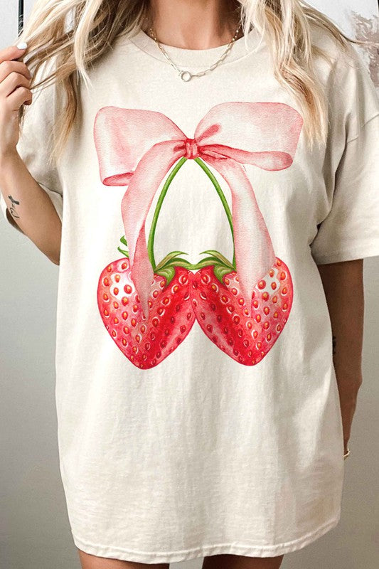 Sweet as  a Strawberry Bow print oversized T Shirt
