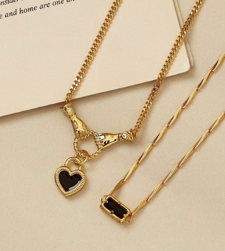 Hold Your Heart Close Black Stone Necklace Set