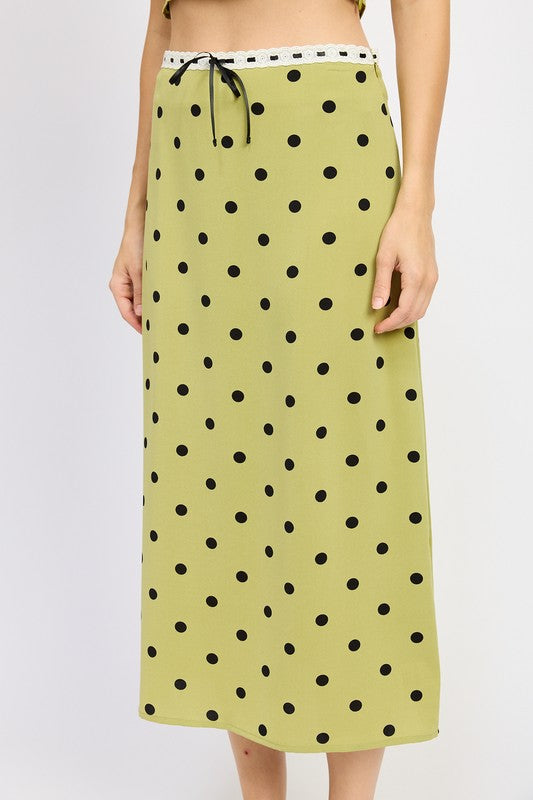 Charlotte Chartreuse Polka Dot Ribbon Detail A Line Skirt