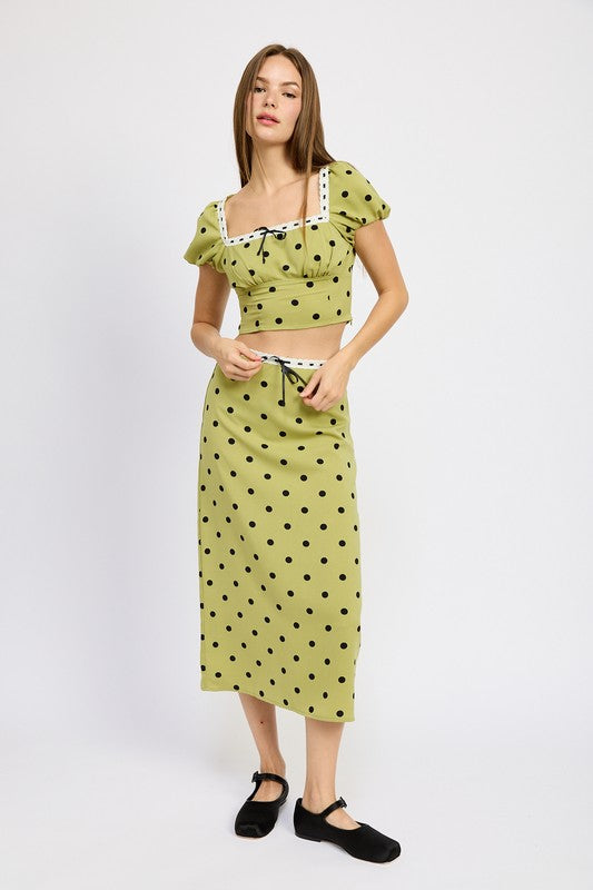 Charlotte Chartreuse Polka Dot Ribbon Detail A Line Skirt