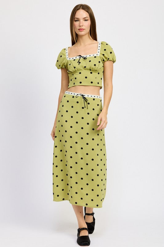 Charlotte Chartreuse Polka Dot Ribbon Detail A Line Skirt