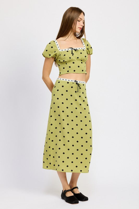 Charlotte Chartreuse Polka Dot Ribbon Detail A Line Skirt