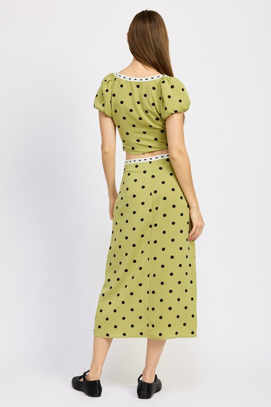 Charlotte Chartreuse Polka Dot Ribbon Detail A Line Skirt