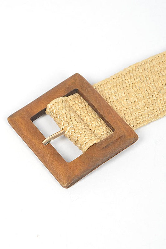 Wooden Buckle Elastic Faux Straw Fashion Belt