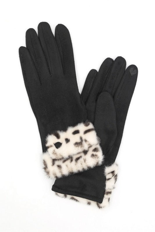 Smart Leopard Printed Faux Fur Trim Gloves