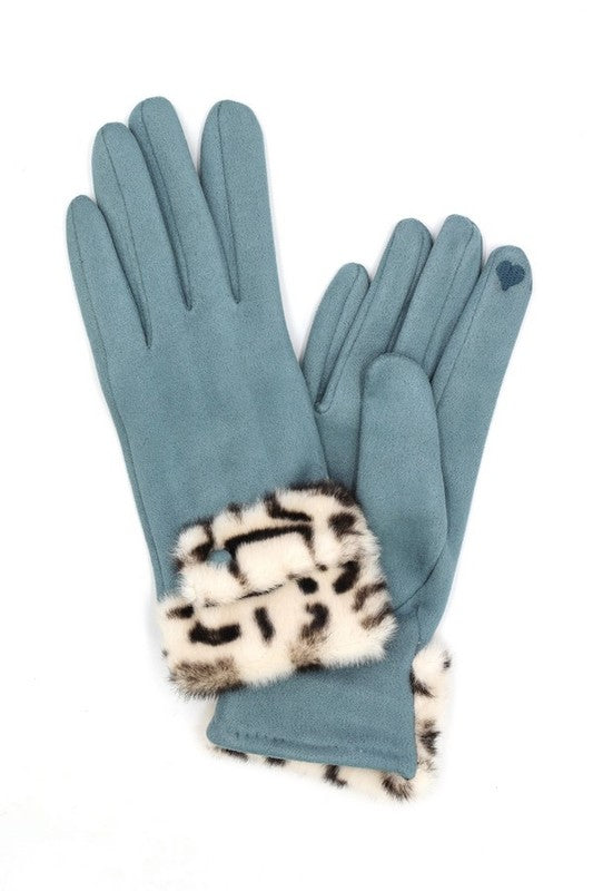 Smart Leopard Printed Faux Fur Trim Gloves