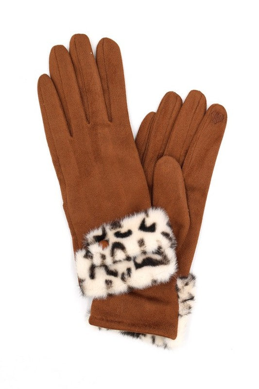 Smart Leopard Printed Faux Fur Trim Gloves