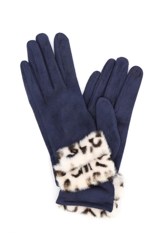 Smart Leopard Printed Faux Fur Trim Gloves