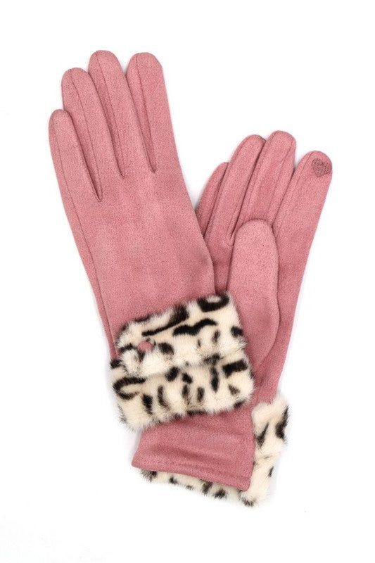 Smart Leopard Printed Faux Fur Trim Gloves