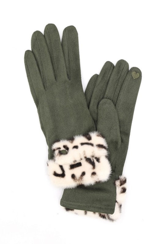 Smart Leopard Printed Faux Fur Trim Gloves