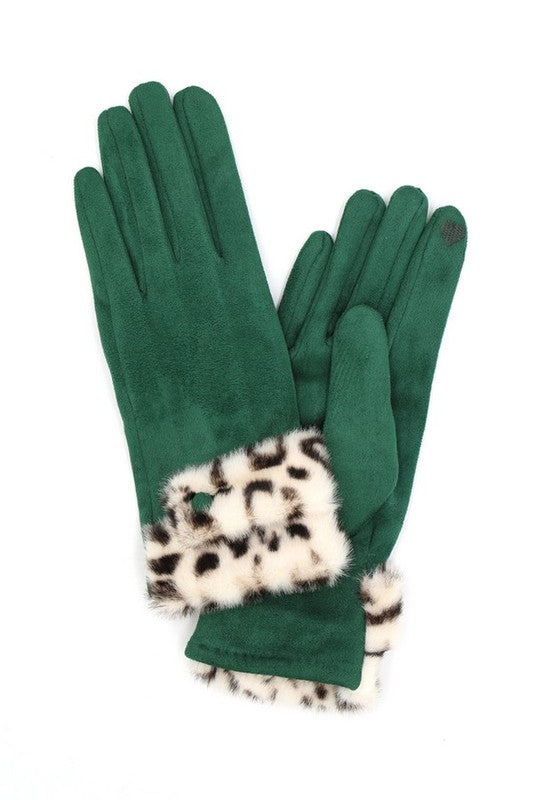 Smart Leopard Printed Faux Fur Trim Gloves