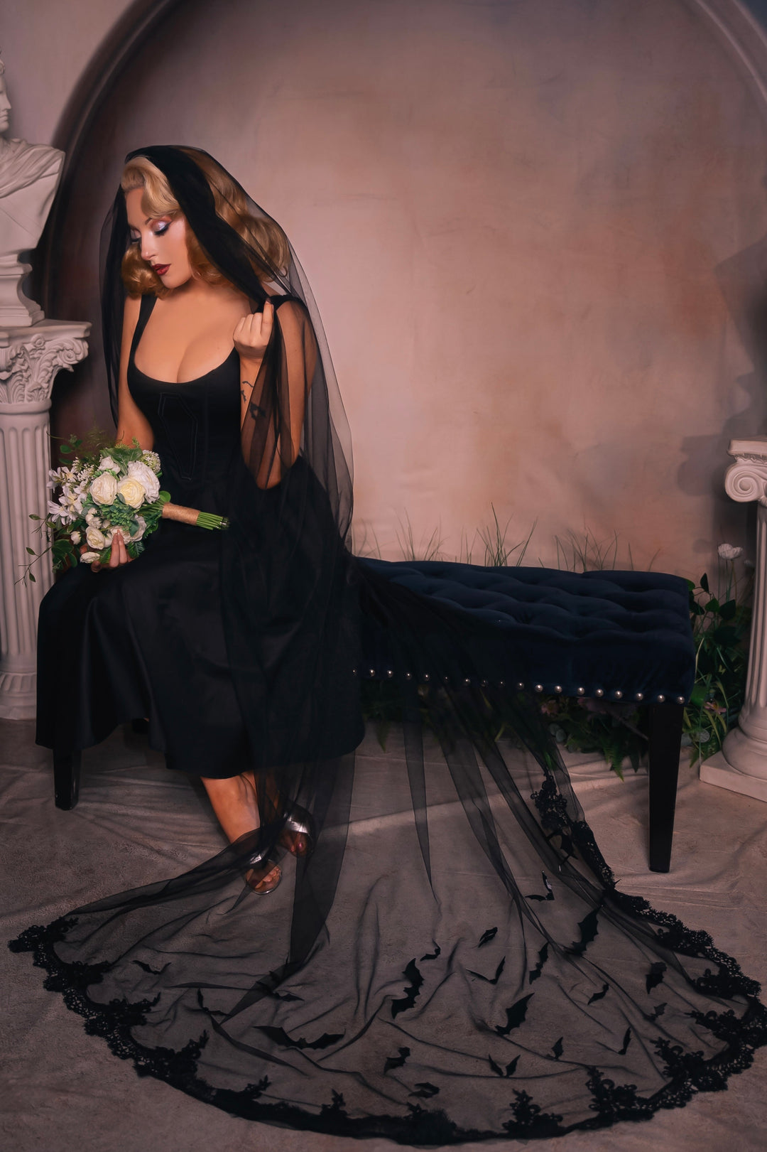 The Echo Veil  -Cathedral-Length Gothic Tulle Veil with Velvet Bat Lace (Haunting Edition)