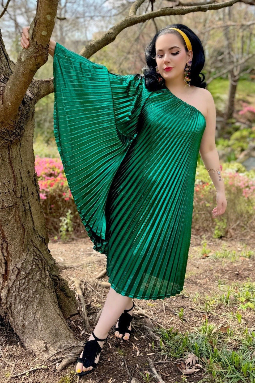 Vibrant Green Metallic One Shoulder Designer Dress