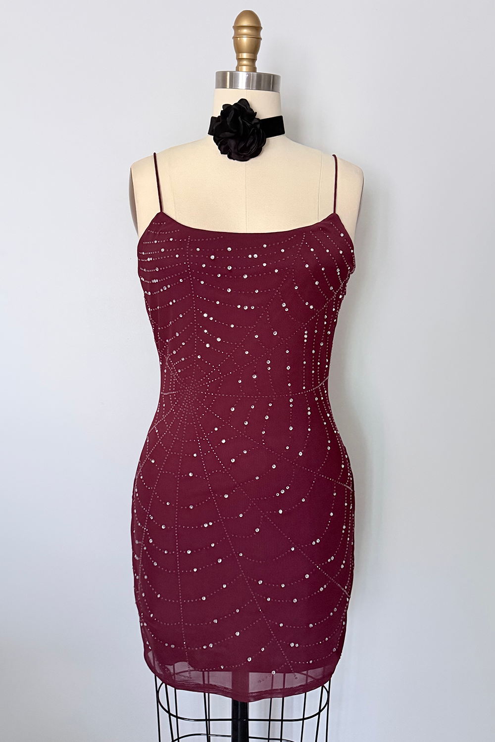 Sparkly Spiderweb Mesh Mini Dress with Rhinestones