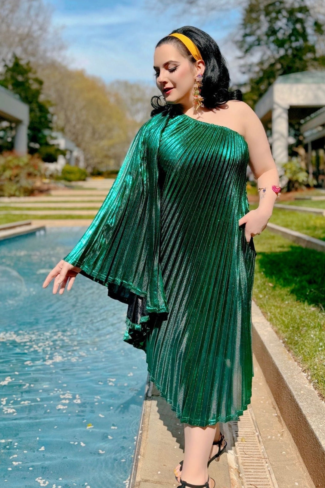 Vibrant Green Metallic One Shoulder Designer Dress