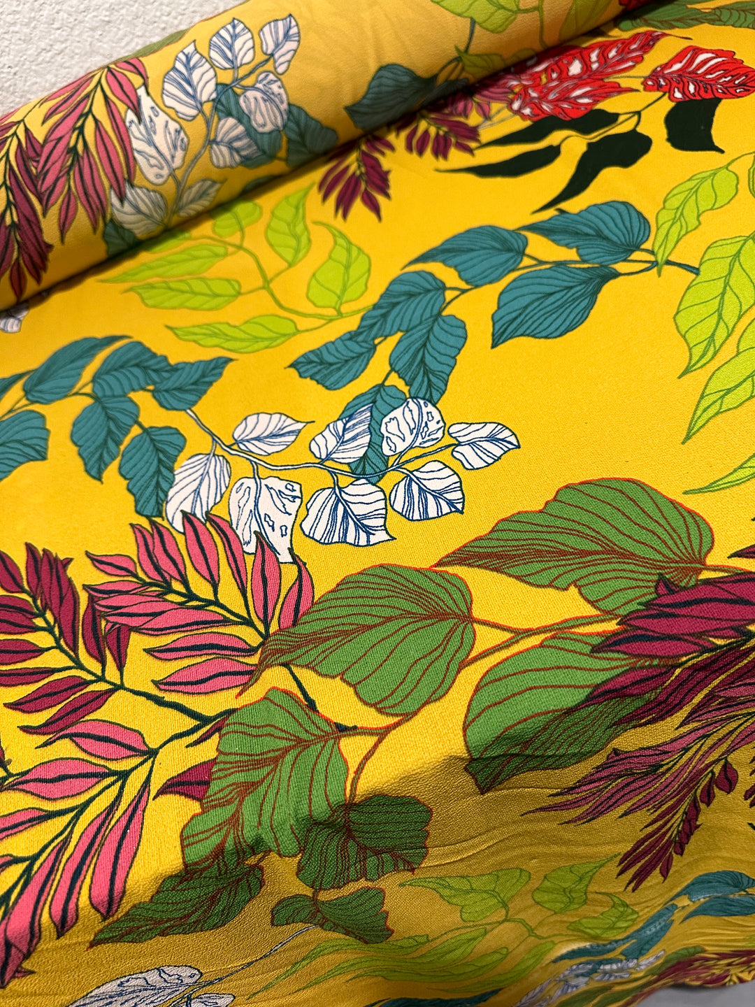Large Yellow Tropical Print Rayon Fabric by the yard