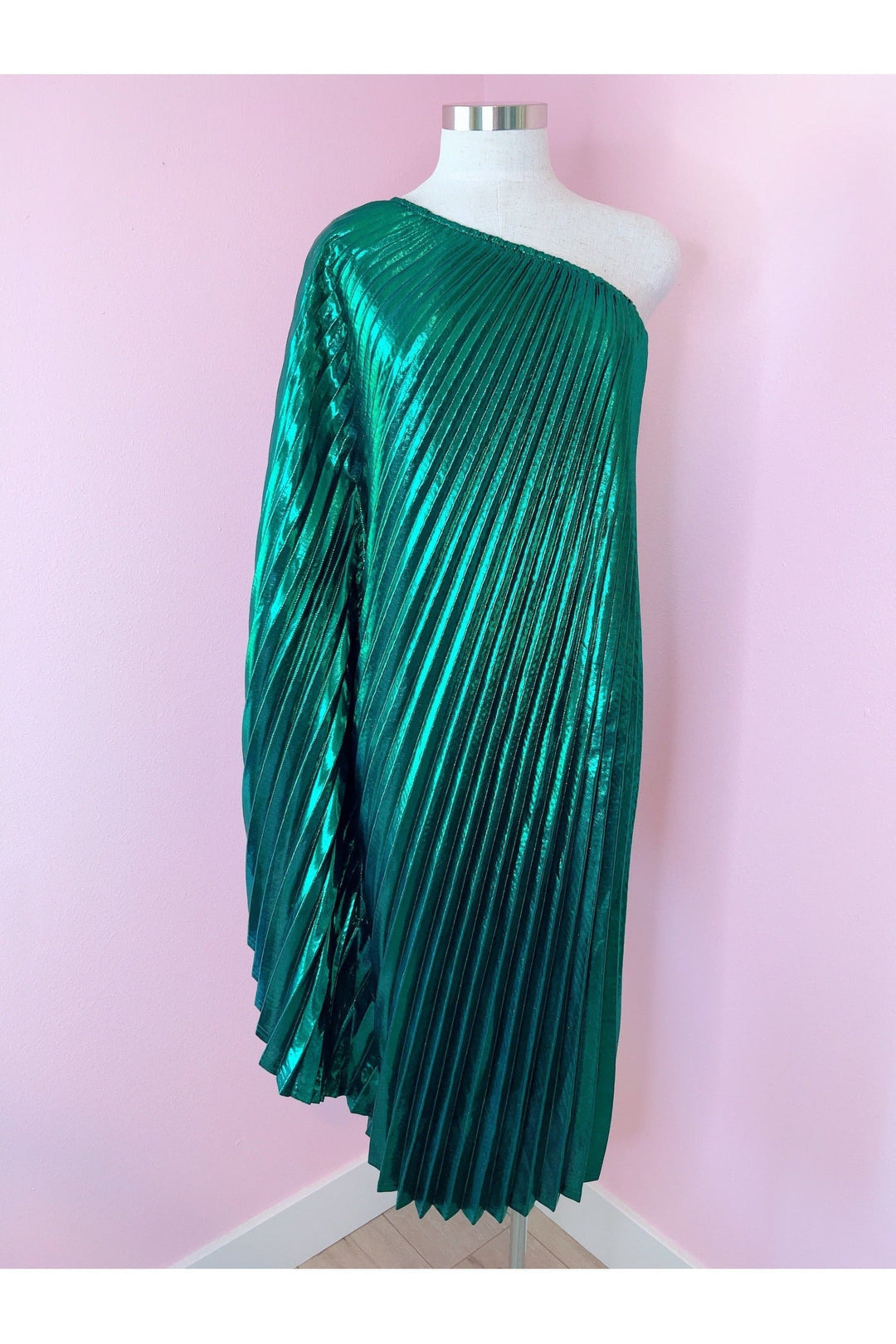 Vibrant Green Metallic One Shoulder Designer Dress