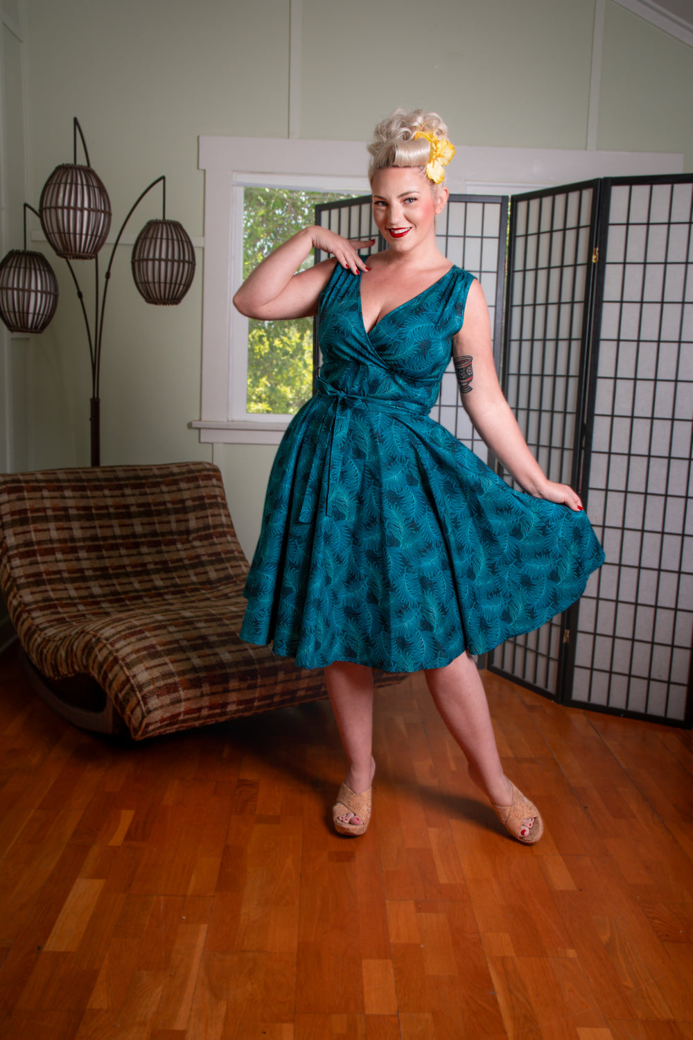 Serena Swing Dress- Teal Ferns