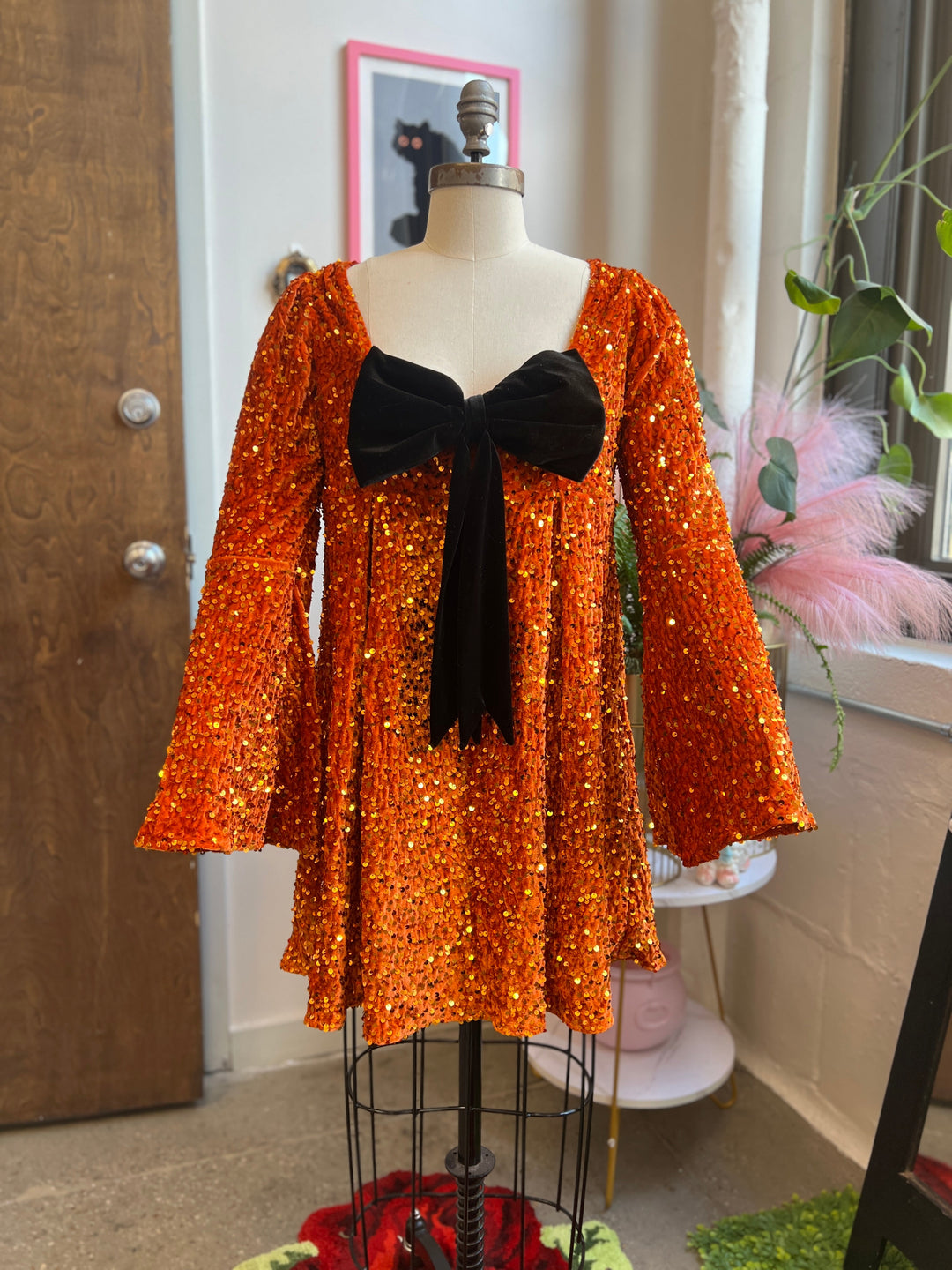 Priscilla 60's Mini Dress in Pumpkin Orange Sequin Velvet