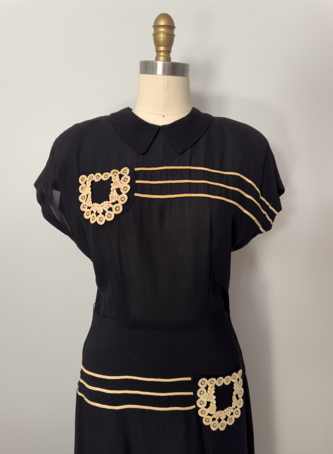 True Vintage 1930's Black Dress with Lace Pocket Details - FINAL SALE