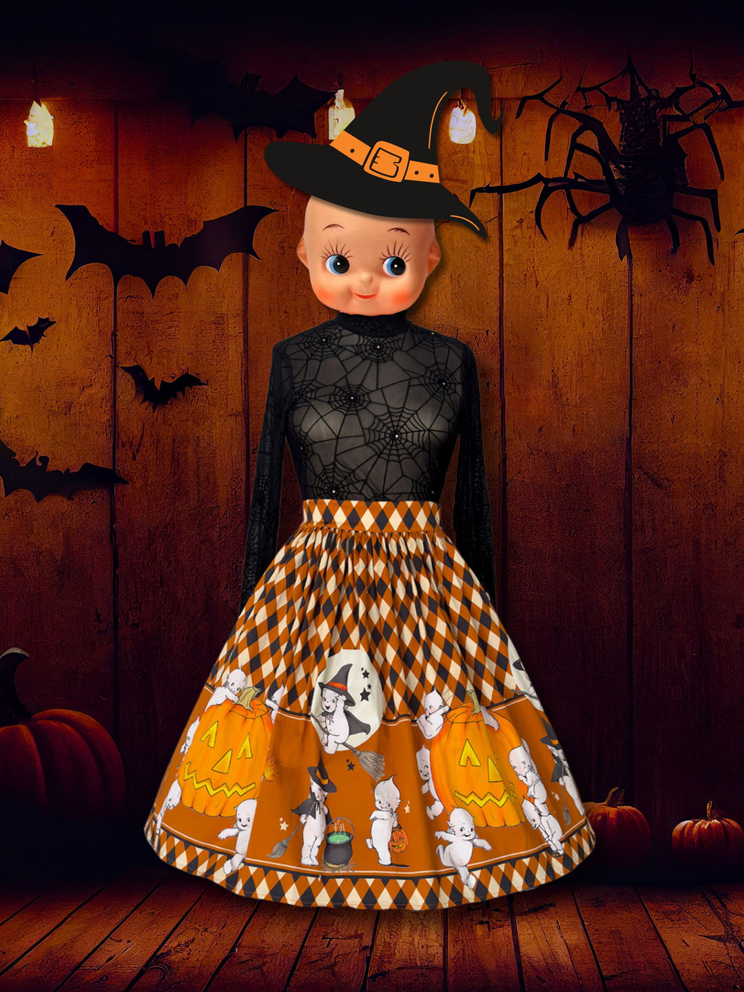 Kewpie® Vintage Witch Gathered Novelty Print Skirt - PRE-ORDER