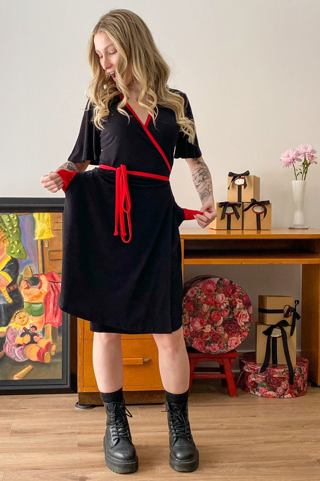 All Wrapped Up Black and Red Wrap Dress with Flutter Sleeves