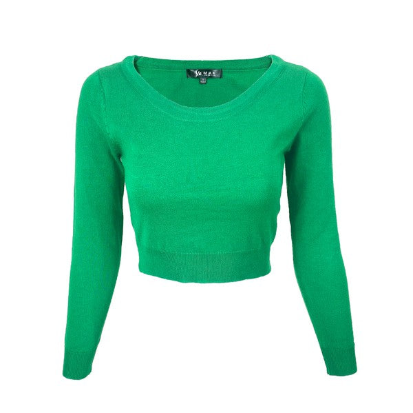 Round Neck Long Slv Crop Sweater Knit Crop Top S-XL