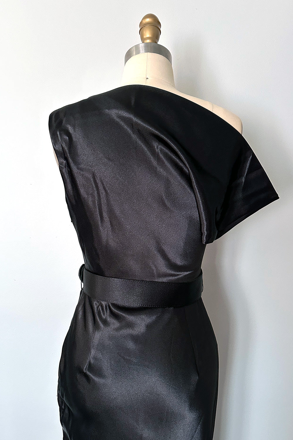 Marilyn Satin Off Shoulder Wiggle Dress Black