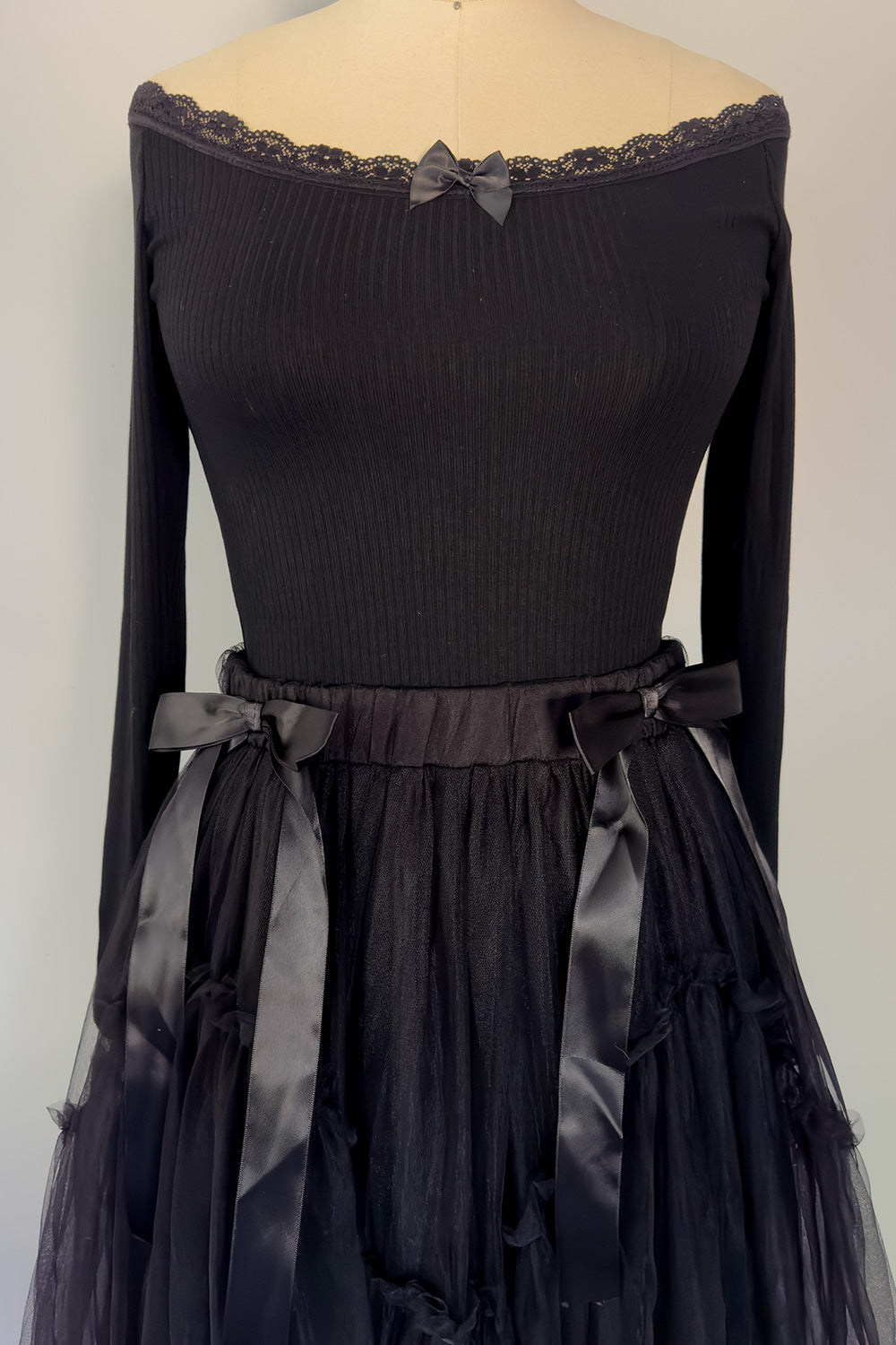 Fairy Goth-mother Layered Tulle Skirt with Bows in Black