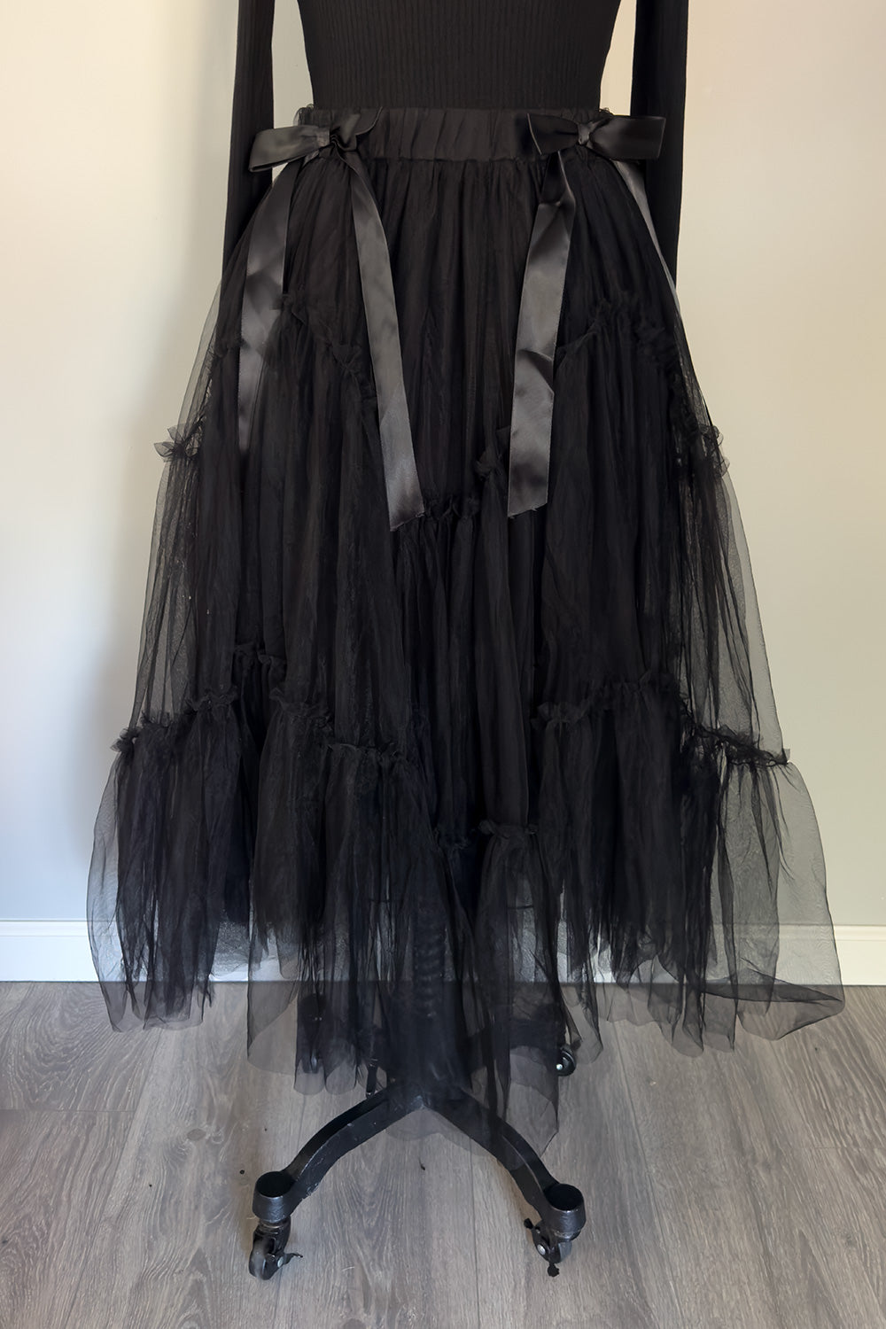 Fairy Goth-mother Layered Tulle Skirt with Bows in Black