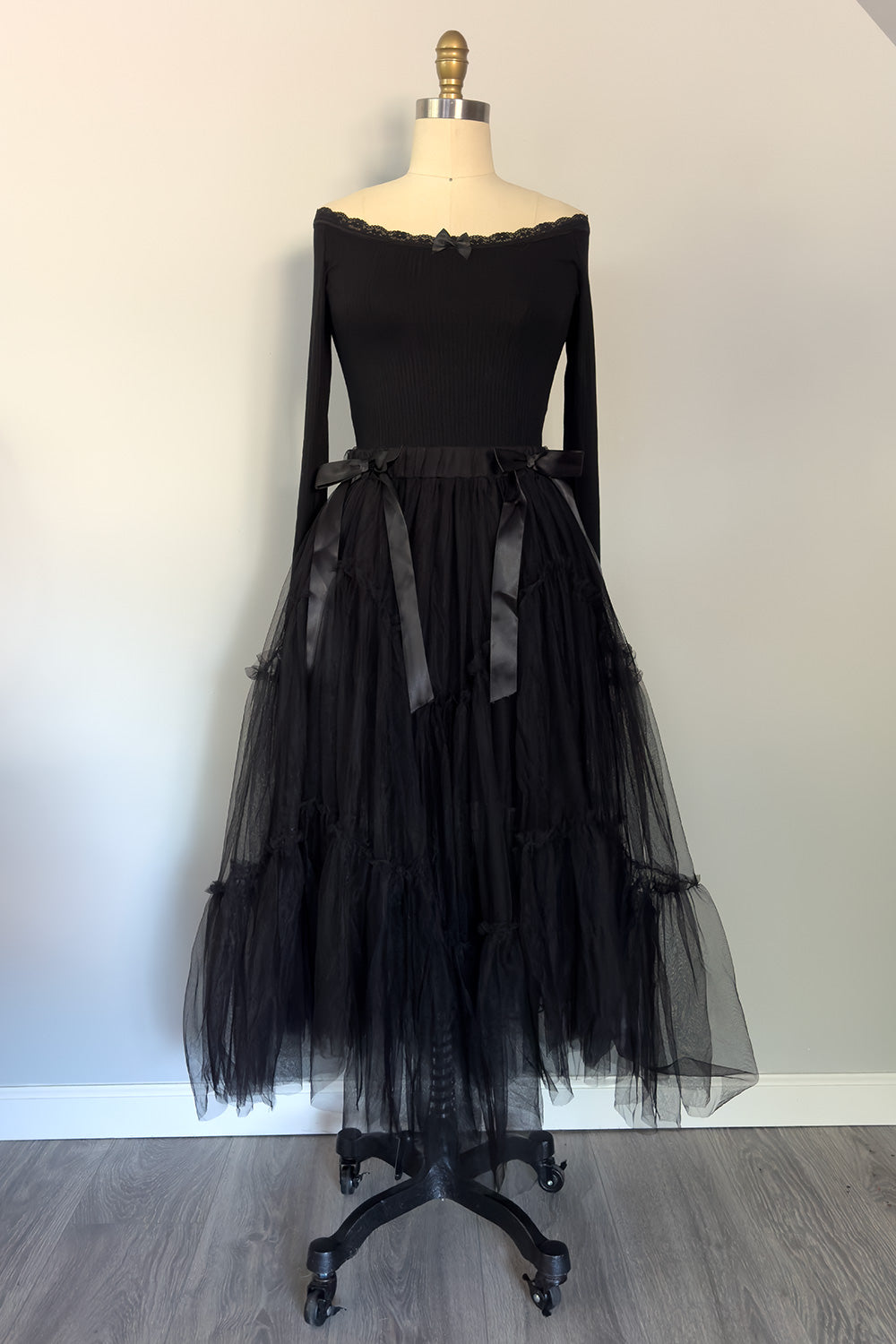 Fairy Goth-mother Layered Tulle Skirt with Bows in Black