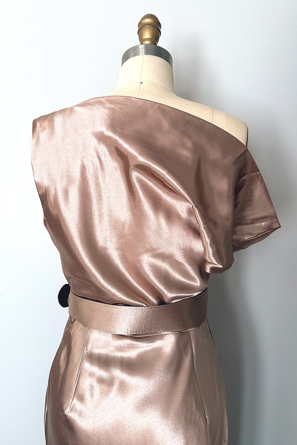 Marilyn Satin Off Shoulder Wiggle Dress Blush