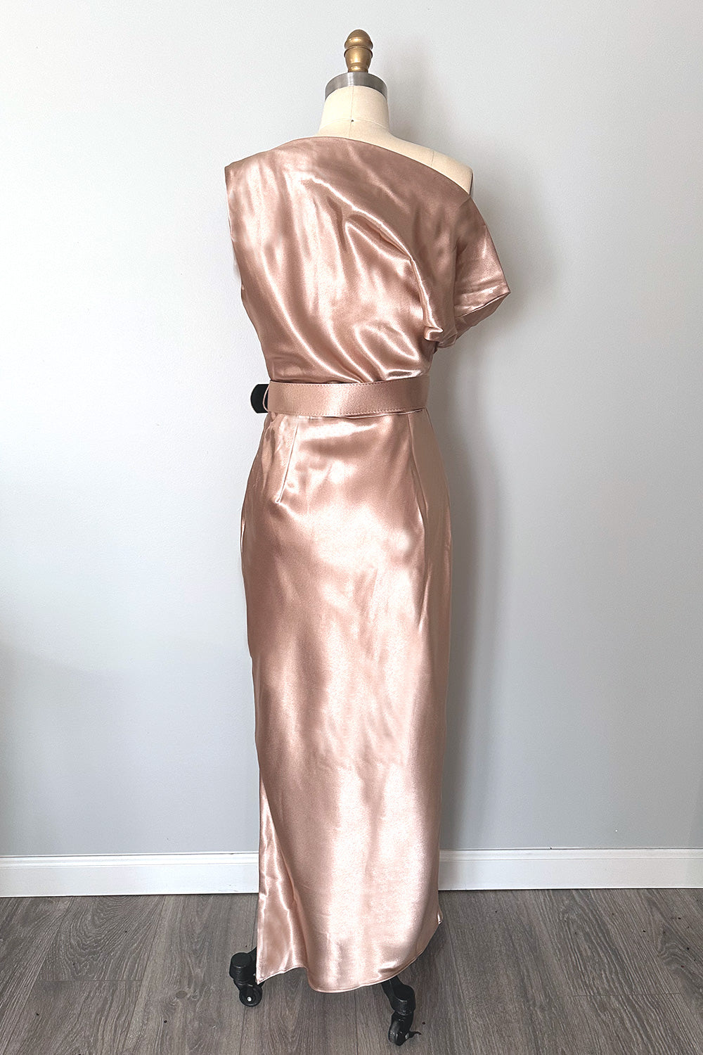 Marilyn Satin Off Shoulder Wiggle Dress Blush