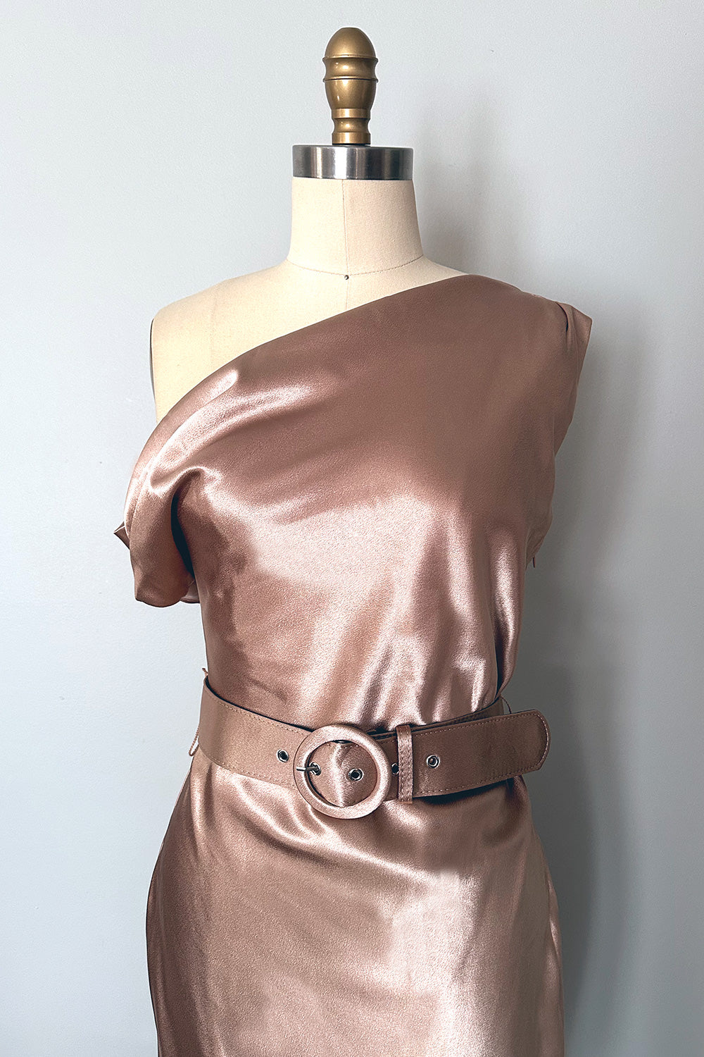 Marilyn Satin Off Shoulder Wiggle Dress Blush