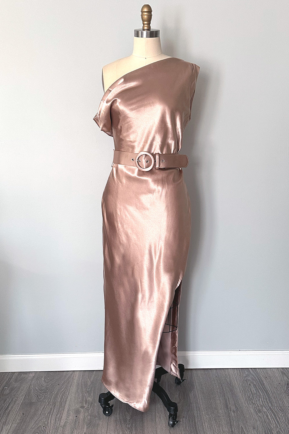 Marilyn Satin Off Shoulder Wiggle Dress Blush