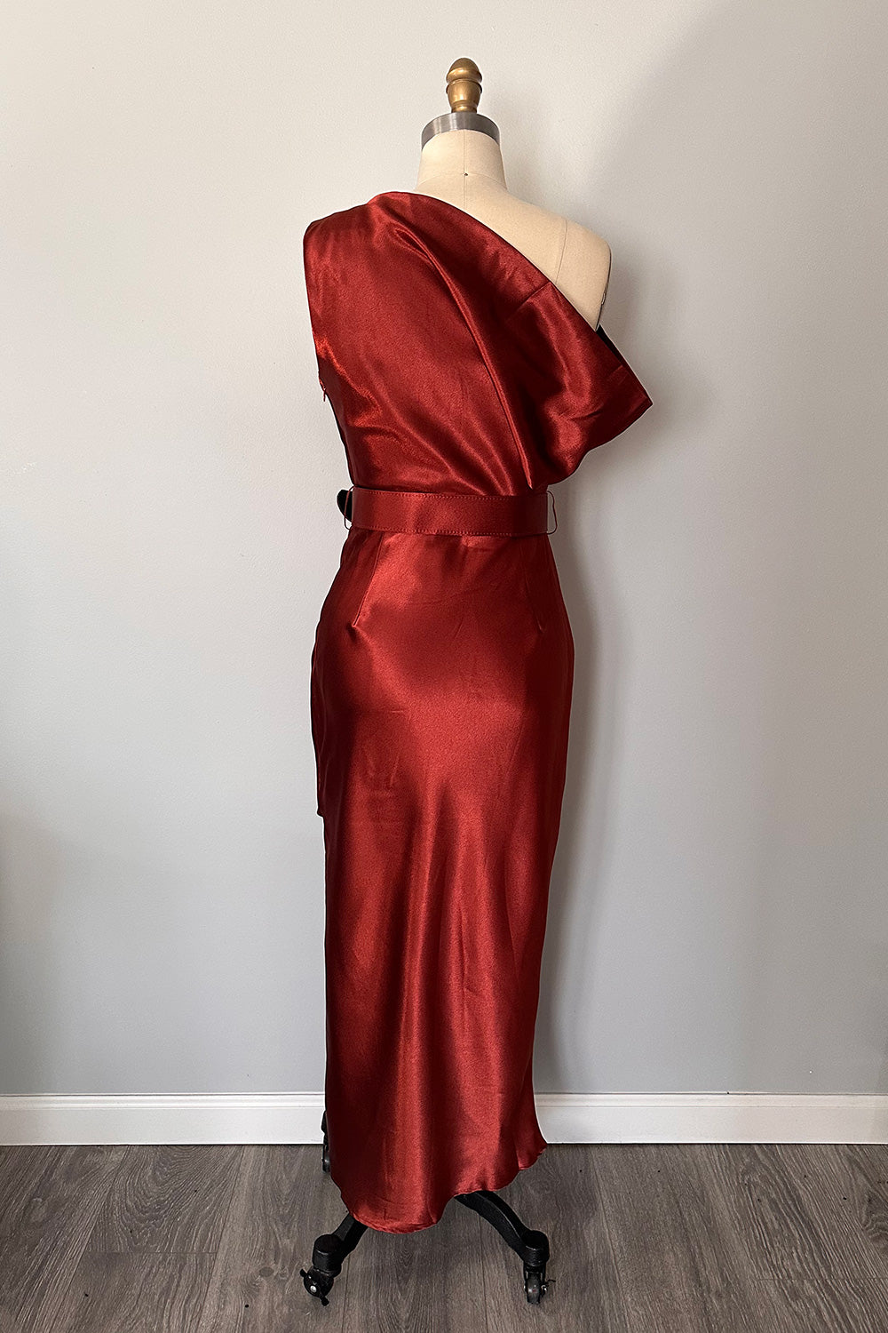 Marilyn Satin Off Shoulder Wiggle Dress Bronze